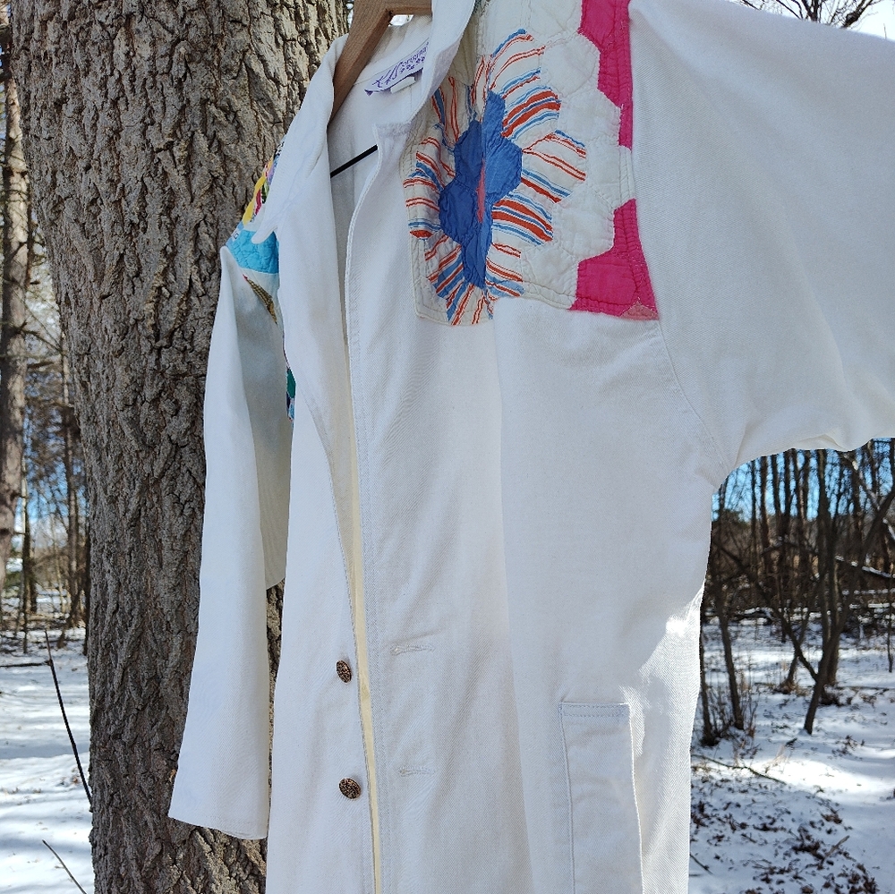 White Quilted Duster Jacket Upcycled Patchwork KAS Originals 80s Cotton One Size - Picture 11 of 16